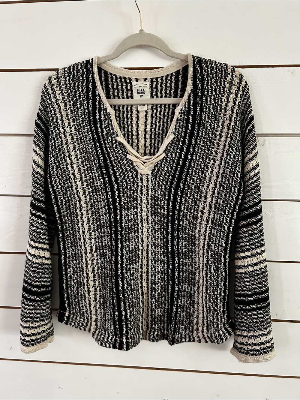 Billabong Tidal Vibes Black & White Striped Lace Up V-Neck Knit Sweater Large